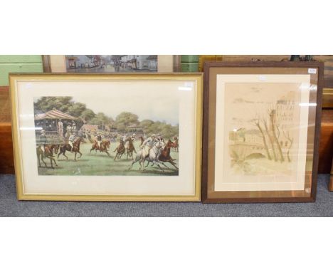 After Cuthbert Bradley ''The Polo Match'', print; together with an indistinctly signed and numbered French street scene (2) 