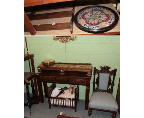 A 19th century circular table with beadwork panel top; a narrow footstool; a hanging shelf; a mahogany occasional chair; a po