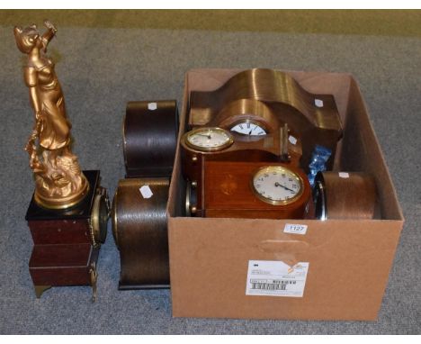 A collection of various mantel clocks together with a marble figural clock 
