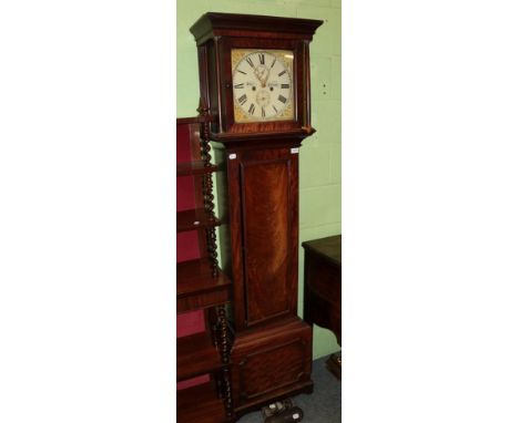 A mahogany eight-day longcase clock, the 12 inch square painted dial signed Surr Ewhurst, circa 1820, with pendulum and two w