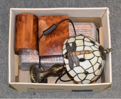 A Tiffany style table lamp and three wooden figured boxes (4)