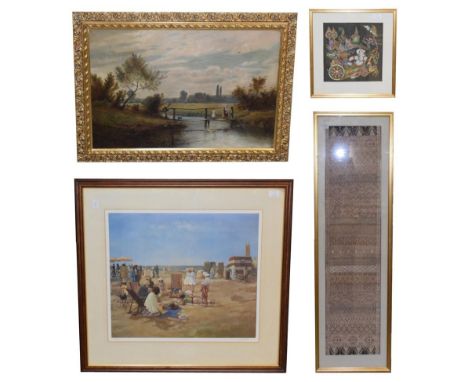 A needlework panel; a Tibetan painted silk; an oil on canvas; and a print (4) 
