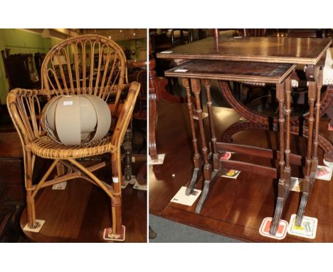 A 1970s plastic lamp shade, a modern cane open armchair, and two small inlaid tables from a nest