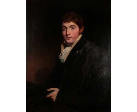 Circle of Sir Thomas Lawerence PRA (1769-1830) Portrait of a student wearing a graduation gown and holding a mortor board, oi