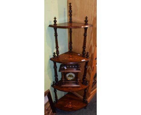 A Victorian walnut and marquetry whatnot and a walnut cased mantel clock 