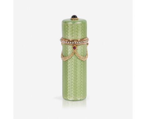 A Fabergé two color gold-mounted and gem-set guilloché-enameled perfume flask Workmaster Henrik Wigström, St. Petersburg, 189