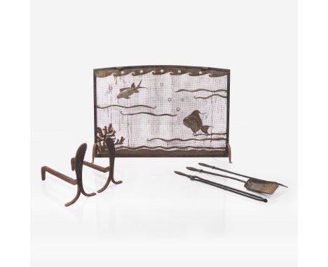 Stella Drabkin (Designer) and H.C. Cranmer (Maker) Wrought iron firescreen, andirons and set of firetools, early 20th century
