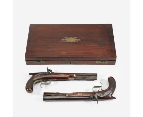 A cased pair of English percussion cap dueling pistols Richardson, London, late 18th/early 19th century The pistols with octa