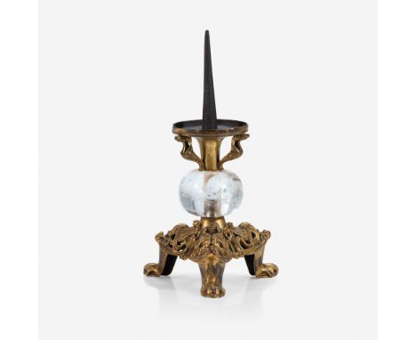 A South Netherlandish Gothic style gilt copper alloy and rock crystal pricket candlestick 12th century style, probably 19th c