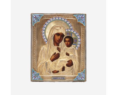 A Russian icon of the Tikhvinskaya Mother of God with silver-gilt and cloisonné enamel oklad Unknown maker's mark SG in Cyril