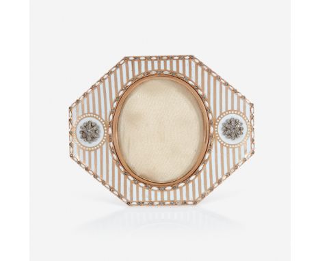 A Fabergé octagonal rose gold and diamond-set white champlevé enamel frame Workmaster Henrik Wigström, St. Petersburg, 1908-1