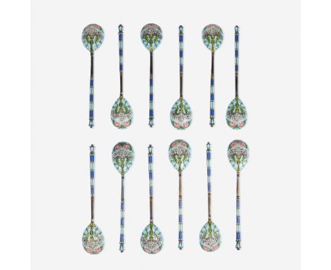 A group of twelve Russian silver-gilt and cloisonné enamel spoons Ivan Khlebnikov, Moscow, circa 1900 Together with three Rus