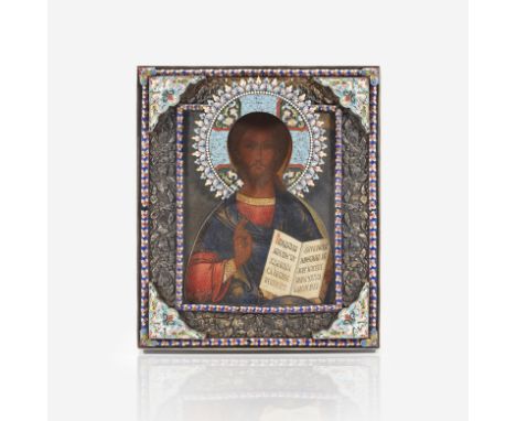 A Russian silver and cloisonné enamel icon of Christ Pantocrator Unknown maker marked in Cyrillic SG, probably Pensa,19th cen