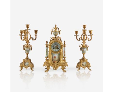 A Napoleon III Sèvres style porcelain-mounted gilt-metal three-piece clock garniture Japy Frères, Paris, third quarter 19th c