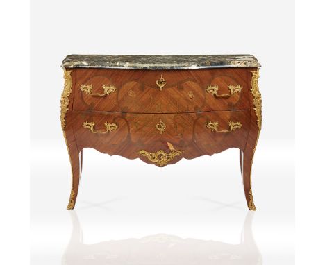 A Louis XV style gilt-metal mounted fruitwood marquetry and kingwood parquetry bombé commode with marble top Late 19th/early 
