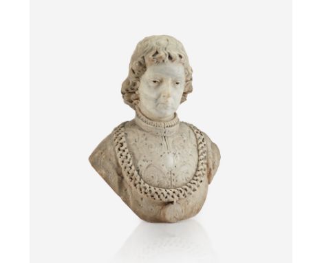 A carved alabaster portrait bust of Lorenzo de Medici as a boy 19th centuryH: 20, W: 17 in. PROVENANCE: From the collection o