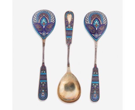 Three large Russian silver-gilt and cloisonné enamel spoons Pavel Ovchinnikov, August Hollming, and Gustav Klingert, Moscow, 
