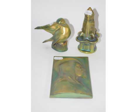 ZSOLNAY PECS SMALL PLAQUE MODELLED WITH A CHRIST-LIKE FIGURE, TOGETHER WITH A ZSOLNAY MODEL OF A BIRD (BEAK A/F) AND A FURTHE