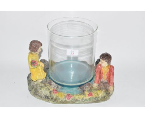 1950S GLASS VASE ON CERAMIC BASE WITH TWO CHILDREN