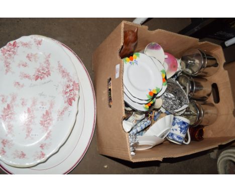 BOX CONTAINING CERAMIC SERVING DISHES, A WOODEN MODEL OF A CAT ETC