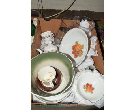 BOX OF CERAMIC ITEMS INCLUDING FLORAL JARDINIERE ETC