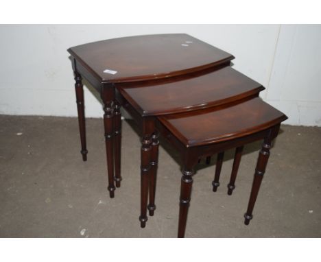 SET OF THREE BOW FRONTED MAHOGANY EFFECT NESTING TABLES, WIDTH APPROX 51CM