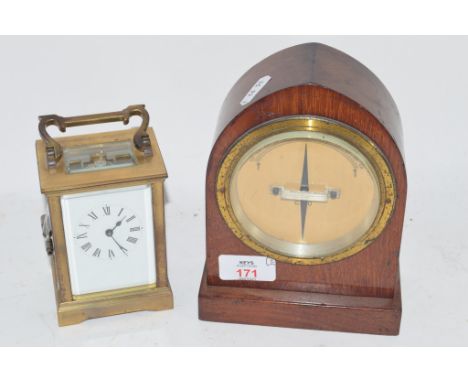 SMALL CARRIAGE CLOCK AND COMPASS IN WOODEN MOUNT