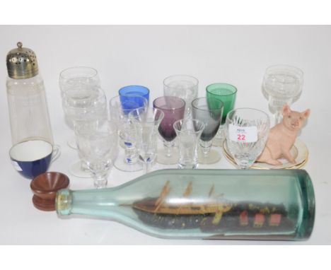 QUANTITY OF SMALL GLASSES AND CERAMIC ITEMS AND A SUGAR SIFTER WITH SILVER PLATED TOP