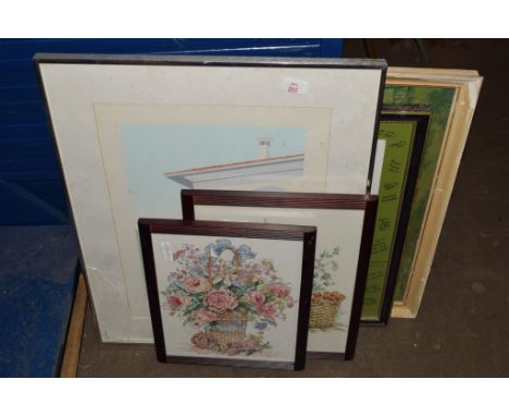 EMBROIDERED PICTURES OF FLOWERS AND A FURTHER PRINT