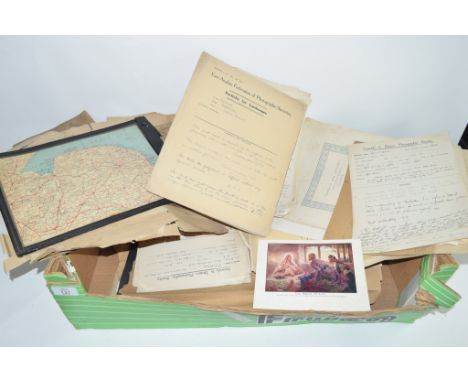 BOX OF EPHEMERA INCLUDING MAPS AND JAPANESE WOOD BLOCK PRINT