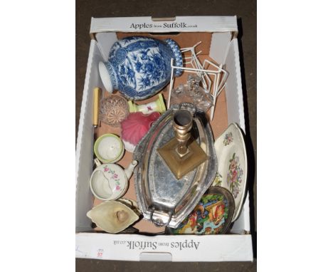 BOX OF CERAMIC ITEMS INCLUDING BLUE AND WHITE VASE AND METAL SERVING DISH AND COVER ETC