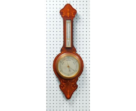 EDWARDIAN INLAID MAHOGANY BANJO ANEROID BAROMETER, with mercury thermometer to the trunk, 29" (73.7cm) 