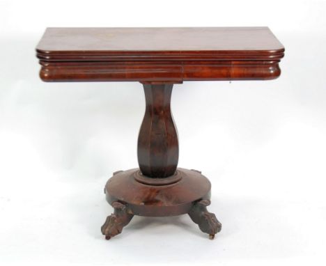 WILLIAM IV FIGURED MAHOGANY PEDESTAL TEA TABLE,  the rounded oblong fold over top above a cushion moulded frieze and panelled