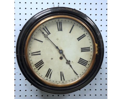 LATE NINETEENTH/EARLY TWENTIETH CENTURY EBONISED WALL CLOCK, the 12" enamelled Roman dial powered by a single fusee movement 