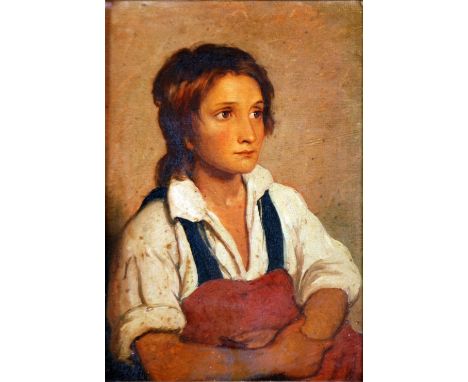 UNATTRIBUTED (19th Century Dutch School) OIL PAINTING ON CANVAS Seated portrait of a young man in lederhosen 11 1/4" (28.5cm)