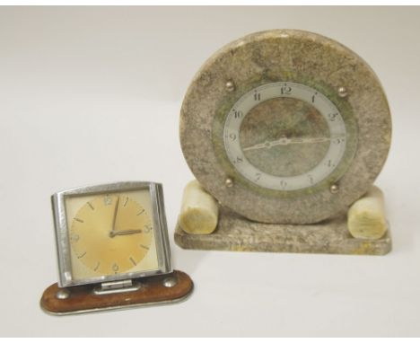 ART DECO WIND UP MANTEL CLOCK, in circular grey veined  marble case, 9 1/2" (24.1cm) high,  TOGETHER WITH AN ART DECO 8 DAY S