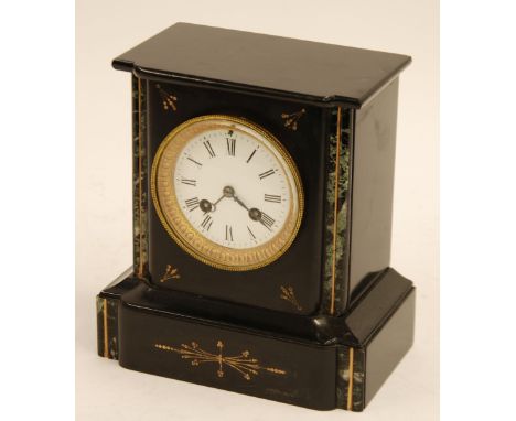 LATE VICTORIAN BLACK SLATE AND GREEN MARBLE CASED MANTEL CLOCK, with French Japy Freres striking movement 