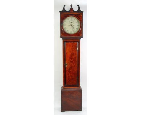 EARLY NINETEENTH CENTURY FIGURED MAHOGANY AND INLAID LONGCASE CLOCK, signed  J.V. Merron, Greenock, the 132 enamelled dial wi