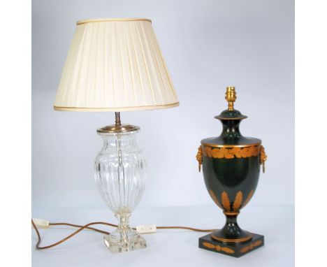 CUT GLASS PEDESTAL VASE PATTERN TABLE LAMP & SHADE, and a MODERN TOLL WARE TABLE LAMP of classical form with lions mask and r