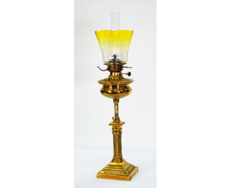 LATE 19TH CENTURY ORNATE BRASS COLUMNAR TABLE OIL LAMP, the embossed reservoir on plain brass telescopic column and having et