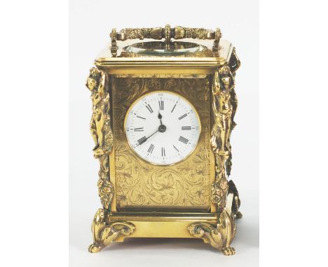 BOXELL, BRIGHTON, INCOMPLETE ENGRAVED AND CAST GILT BRASS GRAND SONNERIE REPEATING CARRIAGE CLOCK, the enamelled dial set int