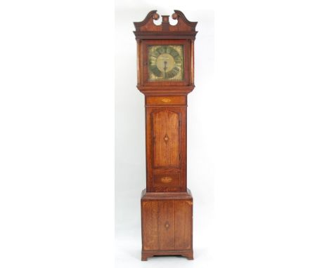 GEORGE III INLAID OAK AND MAHOGANY LONGCASE CLOCK, signed Thomas Powell, Ravenscroft, the 10 3/4" brass Roman dial with cheru