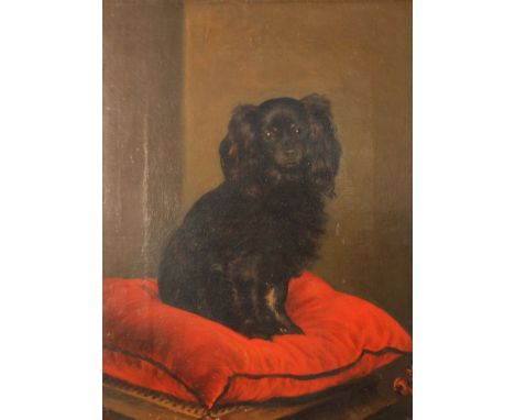UNATTRIBUTED (NINETEENTH CENTURY BRITISH SCHOOL) OIL ON RE-LINED CANVAS  Portrait of a black King Charles Spaniel sat upon a 