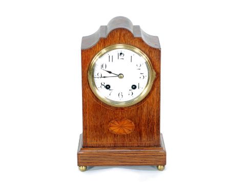 EARLY TWENTIETH  CENTURY ANSONIA AMERICAN INLAID OAK MANTEL CLOCK,, the 4" enamelled Arabic dial powered by an eight day spri