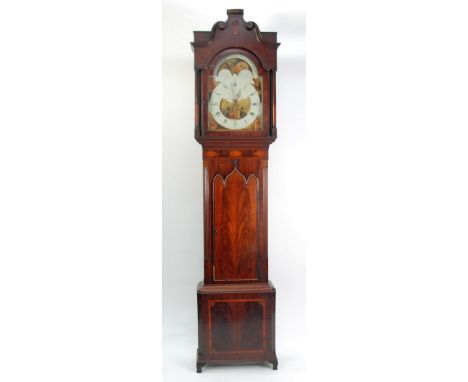 LATE EIGHTEENTH/EARLY NINETEENTH CENTURY FIGURED MAHOGANY AND INLAID ROLLING MOONPHASE LONGCASE CLOCK, signed Edward Shepley,