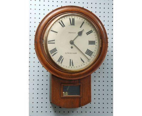 LATE NINETEENTH/EARLY TWENTIETH CENTURY OAK CASED DROP DIAL WALL CLOCK, having single train 8 day fusee movement, with white 