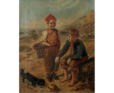 UNATTRIBUTED (EARLY TWENTIETH CENTURY) OIL PAINTING ON CANVAS Beech scene with two boys teasing a crab 11 1/2" x 9 1/2" (29.2