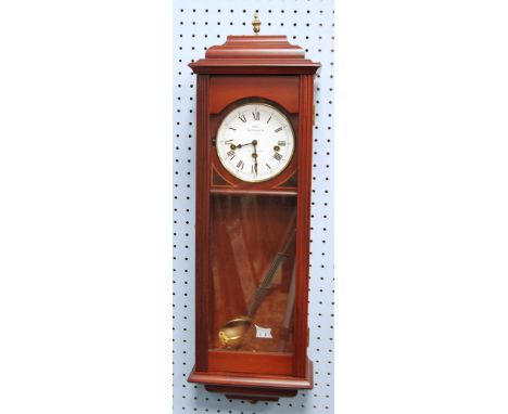 MODERN REGULATOR STYLE MAHOGANY AND GLAZED WALL CLOCK by Sewills, Liverpool, with 8 day striking and chiming movement, grid i