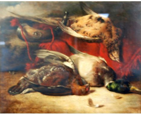 WILLIAM DUFFIELD (1816 - 1863) OIL PAINTING ON CANVAS Three dead game birds, a grouse and mallard lying on the ground, a phea