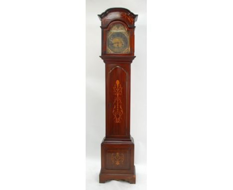 EDWARDIAN MAHOGANY AND MARQUETRY INLAID LONGCASE CLOCK, the 11 1/2" Arabic dial with silvered chapter ring, matted centre, ma